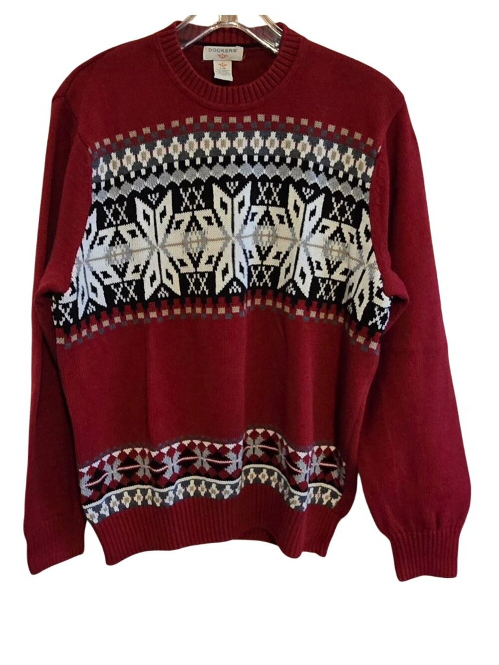 Red Crewneck Sweater Large Nordic Snowflake Pattern 1/4 zip fair isle winter